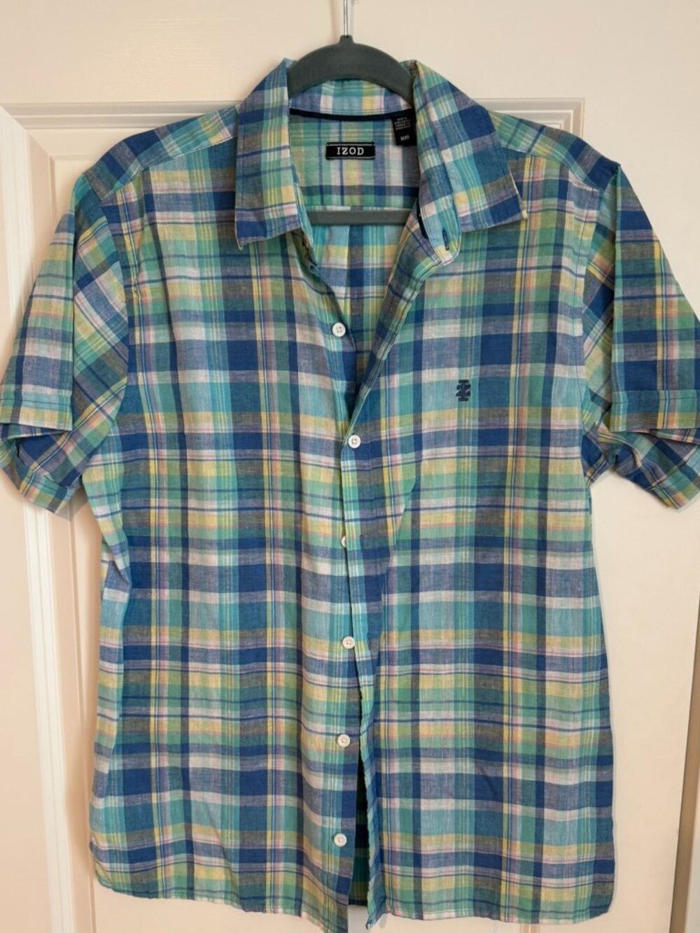 IZOD Men's Blue Green Plaid Linen Blend Button Front Shirt Medium Short Sleeve